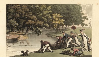Angol úriember és személyzet horgásznak egy folyóban alkotó: Thomas Rowlandson