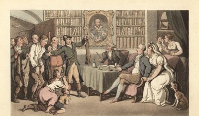 Angol úriember a dolgozószobájában orvvadászat esetét hallja alkotó: Thomas Rowlandson