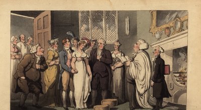 Angol úriember feleségül veszi menyasszonyát egy impozáns otthonban alkotó: Thomas Rowlandson