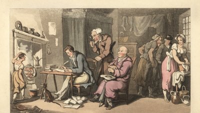 Angol úriember, koldulólevelet ír egy lepusztult szalonban alkotó: Thomas Rowlandson