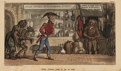 Johnny Newcome zászlós túlárazott kellékeket vásárol Senor Cavigole lisszaboni, portugáliai raktárában. Kézzel színezett rézmetszet Thomas Rowlandson által rajzolt és metszett David Roberts ezredes The Military Adventures of Johnny Newcome, Marti című művé alkotó: Thomas Rowlandson