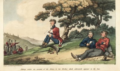Johnny Newcome zászlós levelet ír édesanyjának, amelyben leírja a salamancai csatát alkotó: Thomas Rowlandson