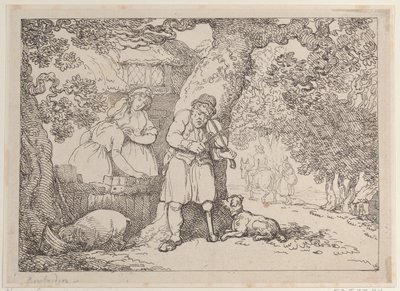Hegedűs, tengerész, két nő és egy disznó egy kunyhó mellett, 1816., 1816. alkotó: Thomas Rowlandson