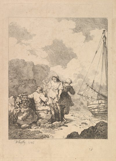 Halászok a parton – Tengerparti jelenet egy sziklákon ülő és pipázó férfival, Nex..., 1786. alkotó: Thomas Rowlandson