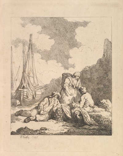 Halászok a parton – Tengerparti jelenet egy földön ülő, könyökölő férfival, 1786. alkotó: Thomas Rowlandson