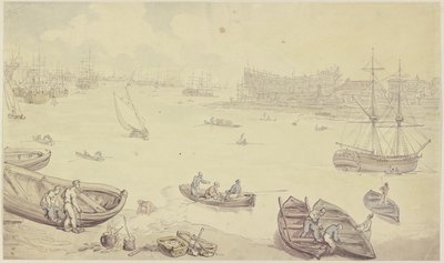 Folyó, amelyen sok hajó közlekedik, és amelynek partján egy hajógyár található alkotó: Thomas Rowlandson