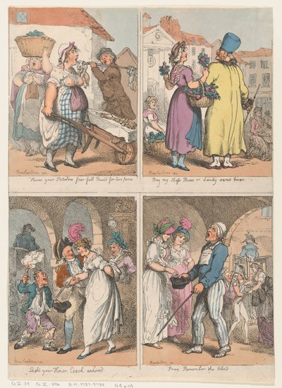Négy jelenet a Cries of London sorozatból: Itt a krumplid..., Buy my Moss..., 1801. augusztus 1.. alkotó: Thomas Rowlandson