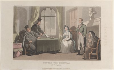 Frontispiece: Az avignoni törvényszék előtt, a Journal of Sentimental Travels in the ..., 1821-ből. alkotó: Thomas Rowlandson