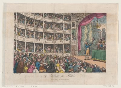 Frontispiece, George Alexander Stevens előadása a fejekről, 1808. április, 1808. április. alkotó: Thomas Rowlandson