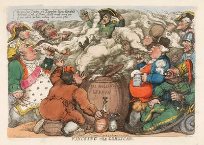 A korzikai szórakozás, kocsma. 1813-as kézzel színezett metszet. alkotó: Thomas Rowlandson