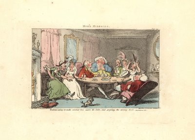 Gentleman próbál focizni egy szépséggel az asztalnál. alkotó: Thomas Rowlandson