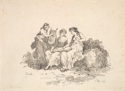 Harmónia – Két nimfa énekel, egy másik lírát játszik, 1784-88. alkotó: Thomas Rowlandson