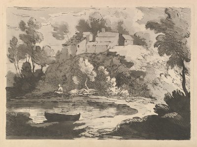 Dombos folyó táj, egy csónak a vízben az előtérben balra, egy alak a távoli parton..., 1783-84. alkotó: Thomas Rowlandson