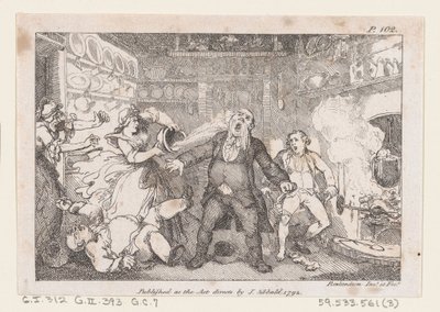 A háziasszony egy serpenyőben vért bocsát Parson Andrews arcába, A... kalandjaiból, 1792-ből. alkotó: Thomas Rowlandson
