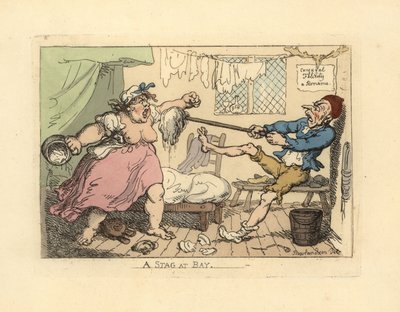 Férj felmosóval tartja le dühös feleségét. alkotó: Thomas Rowlandson