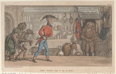 Johnny Newcome a Stockban fog feküdni, The Military Adventures of Johnny Newcome, 1815., 1815. alkotó: Thomas Rowlandson