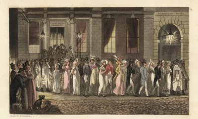 Johnnyt és más mulatozókat az Éjjeli Őrző letartóztatta egy fergeteges táncmulatság után Covent Garden Chambersben. Thomas Rowlandson kézi színű rézmetszete William Combe The History of Johnny Quae Genus, a késői kisalapító című művéből alkotó: Thomas Rowlandson