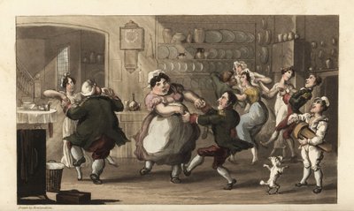 Johnny egy titkos partin táncol más szolgákkal a konyhában. Szakács, kocsis, szobalány és kabátos a mester ételét és borát élvezve. Thomas Rowlandson kézi színű rézmetszete William Combe The History of Johnny Quae nemzetségéből, a Li alkotó: Thomas Rowlandson