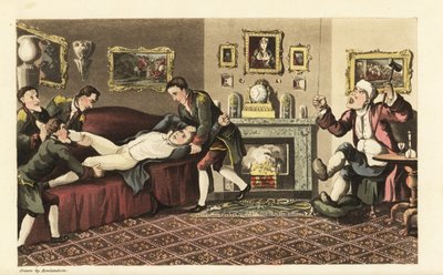Johnny részeg volt Sir David Dangle házának kanapéján, amit a libabőrös lakájok dobtak ki. Thomas Rowlandson kézi színű rézmetszete William Combe The History of Johnny Quae Genus című művéből, a néhai doktor szintaxis kis alapítója. alkotó: Thomas Rowlandson
