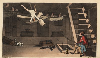 Johnny kiesik a függőágyából a kabinjában. Kézi színű rézmetszet, W. Read Thomas Rowlandson illusztrációja után Alfred Burton: Johnny Newcombe kalandjai a haditengerészetben, Simpkin, London alkotó: Thomas Rowlandson