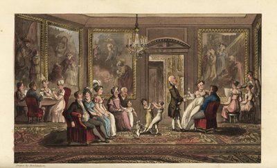 Johnny nagy bulit rendez. Társadalmi rendezvény egy nagy kastélyban, ahol a vendégek kártyáznak, dalokat énekelnek, beszélgetnek, táncolnak és társalognak. Thomas Rowlandson kézi színű rézmetszete William Combe The History of Johnny Quae nemzetségből, a Li alkotó: Thomas Rowlandson
