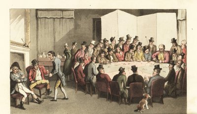 Johnny egy úriember klubjában szolgál, borral szolgálja fel a tagokat, míg mások kártyajátékokon játszanak egy nagy játékasztalnál. Thomas Rowlandson kézi színű rézmetszete William Combe The History of Johnny Quae Genus, the Little Foundling című művéből alkotó: Thomas Rowlandson