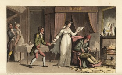 Johnny a fösvény John Squeeze és körültekintő unokahúga, Amelia Squeeze szolgálatában. Johnny egy pohár gyógyszert hoz a haldokló öregembernek. Thomas Rowlandson kézi színű rézmetszete William Combe The History of Johnny Quae Genus című művéből, th alkotó: Thomas Rowlandson