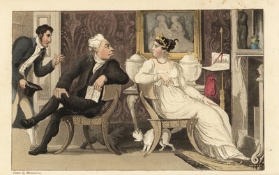 Johnny félbeszakítja a vendégek vitáját egy buliban egy Regency szalonban. Thomas Rowlandson kézi színű rézmetszete William Combe The History of Johnny Quae Genus című művéből, a néhai doktor szintaxis kis alapítója. alkotó: Thomas Rowlandson