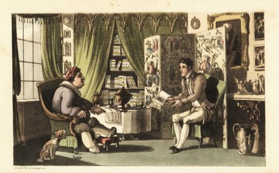 Johnny Sir Jeffery Gourmandnak olvas a dolgozószobájában. Thomas Rowlandson kézi színű rézmetszete William Combe The History of Johnny Quae Genus című művéből, a néhai doktor szintaxis kis alapítója. alkotó: Thomas Rowlandson