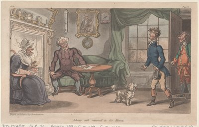 Johnny safe visszatért a mamájához, a The Military Adventures of Johnny Newcome, 1815., 1815-ből. alkotó: Thomas Rowlandson