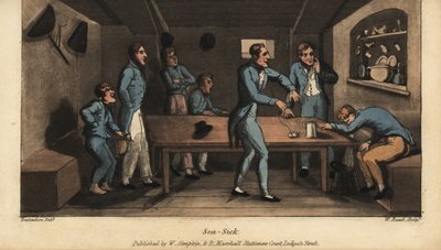 Johnny egy vödörbe hány a kabinban, miközben hajója elindul. Egy másik tiszt sós vízből és egy darab sós sertéshúsból álló gyógymódot javasol. W. Read kézzel színezett rézmetszet Thomas Rowlandson Alfred Burto illusztrációja után alkotó: Thomas Rowlandson