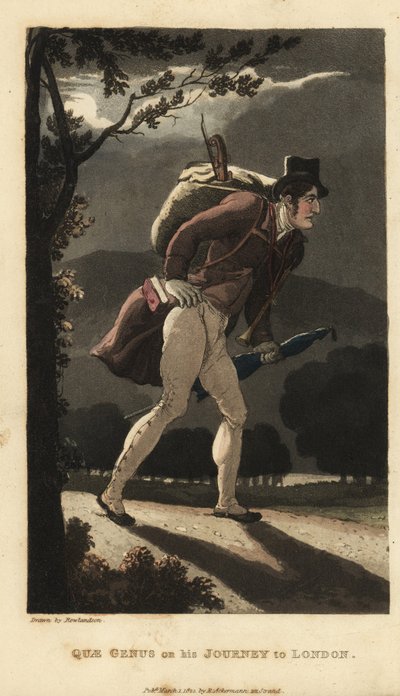 Johnny a holdfényes úton sétál Londonba. Van egy hátizsákja hegedűvel, egy könyv a kabátzsebében, és van nála esernyő. Thomas Rowlandson kézi színű rézmetszete William Combe The History of Johnny Quae Genus, the Little Found című művéből alkotó: Thomas Rowlandson