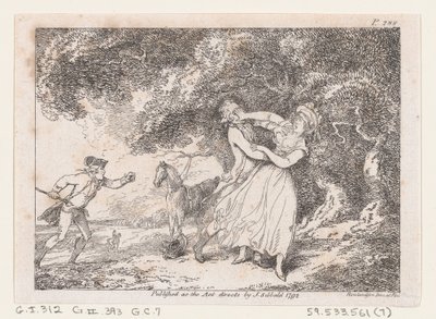Joseph siet, hogy megmentse Fannyt a küszöbön álló veszélytől, Joseph Andrew kalandjaiból..., 1792. alkotó: Thomas Rowlandson