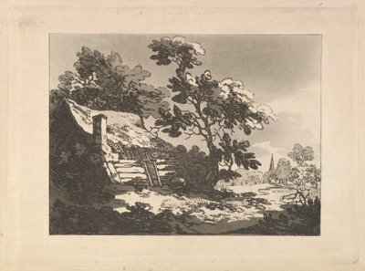 Tájkép, bal oldalon egy fák között álló kunyhóval, jobb oldalon pedig egy távoli templomtoronnyal alkotó: Thomas Rowlandson