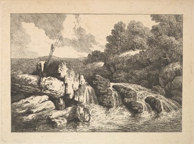 Táj két halász sziklákra mászva egy vízesés mellett, 1784-88. alkotó: Thomas Rowlandson