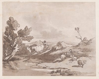 Szarvasmarhát vízre terelő figurával tájkép, 1789. május 21., 1789. május 21. alkotó: Thomas Rowlandson