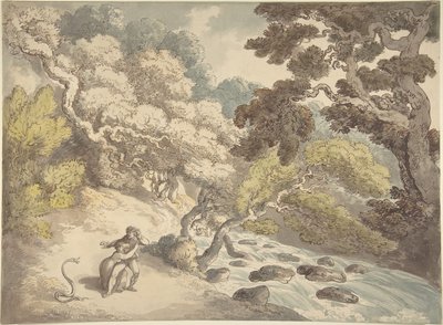 Tájkép egy sebesen folyó patakkal és a parton álló párral, akiket megijesztett egy kígyó alkotó: Thomas Rowlandson