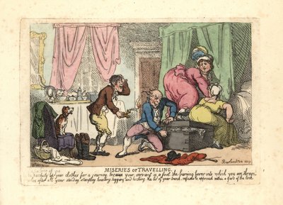 Férfi és két nő, akik nem tudják bezárni a csomagtartót. alkotó: Thomas Rowlandson