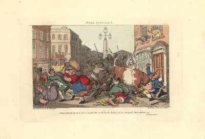 Az ajtóhoz szorított embert egy feldühödött ökör szarvai. alkotó: Thomas Rowlandson