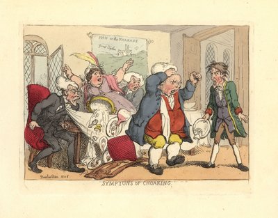 Férfi felállt, miközben fulladozott az ebédlőasztalnál. alkotó: Thomas Rowlandson