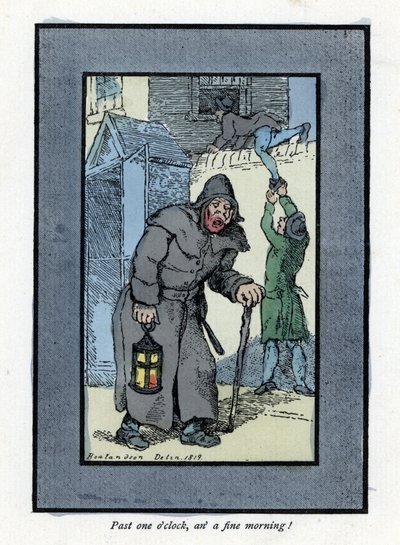 Éjjeli őr lámpásával és botjával, figyelmetlen a mögötte lévő házba bemenő két betörőre (1819). Thomas Rowlandson (1756-1827) festménye alapján készült fametszet, amely a londoni válságban jelent meg: hat bájos gyerekkel és közel 40 illussal alkotó: Thomas Rowlandson
