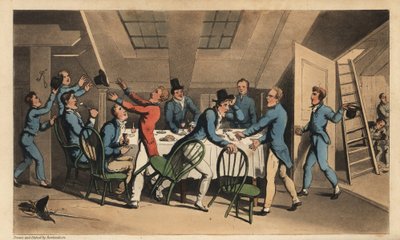 Tisztek és középhajósok ünneplik a hírt, hogy a kapitány elhagyta a hajót. Kézi színű rézmetszet, W. Read Thomas Rowlandson illusztrációja után Alfred Burton: Johnny Newcombe kalandjai a haditengerészetben, Simpkin, London alkotó: Thomas Rowlandson