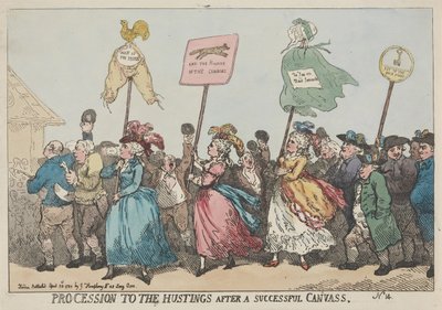 Sikeres választási kampányt követő felvonulás a választási emelvényhez alkotó: Thomas Rowlandson