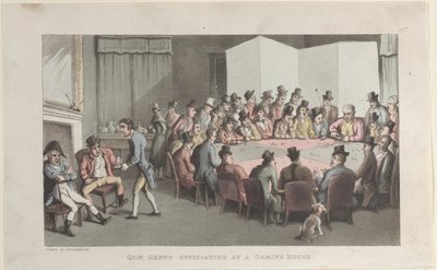 Quae nemzetség egy játékházban hivatalban, a The History of Johnny Quae Gen...-ből, 1821. november 1. alkotó: Thomas Rowlandson