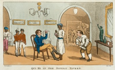 Qui Hi a Bombay Tavernben, A nagymester, vagy Qui Hi kalandjai Hindostanban. Hudibras-vers nyolc énekben a kvízből, William Combe (1741-1823) Thomas Tegg kiadásában, London, 181 alkotó: Thomas Rowlandson