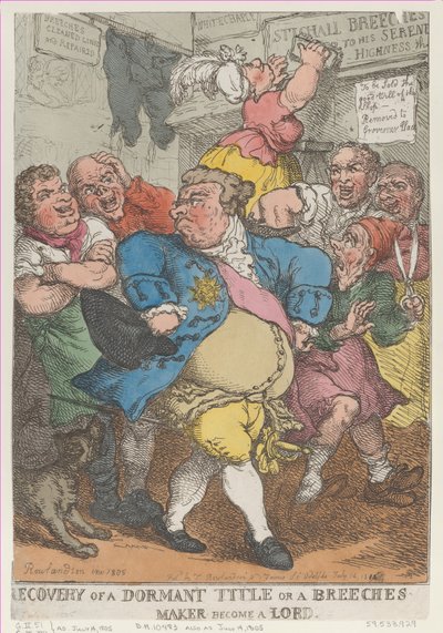 Recovery from a Dormant Title or a Breeches Maker Becom..., [1805. július 14.], újra kiadva 1812. július 14-én. alkotó: Thomas Rowlandson