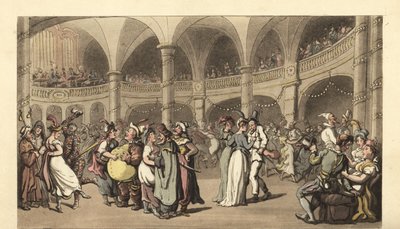 Jelmezes mulatozók egy álarcos bálon egy nagy színházban alkotó: Thomas Rowlandson