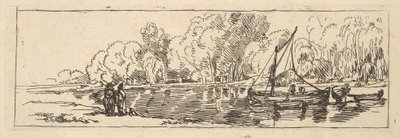 Folyó- vagy tóparti jelenet: vitorlás és csónak, alakokkal a közeli parton alkotó: Thomas Rowlandson