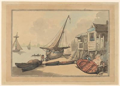 Evezős csónakok és egy vitorlás a parton alkotó: Thomas Rowlandson