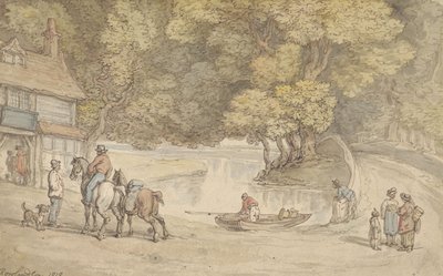 Vidéki tájkép folyóval és híddal alkotó: Thomas Rowlandson
